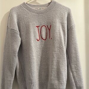 Rae Dunn Gray Sweater with Red Joy Embroidery